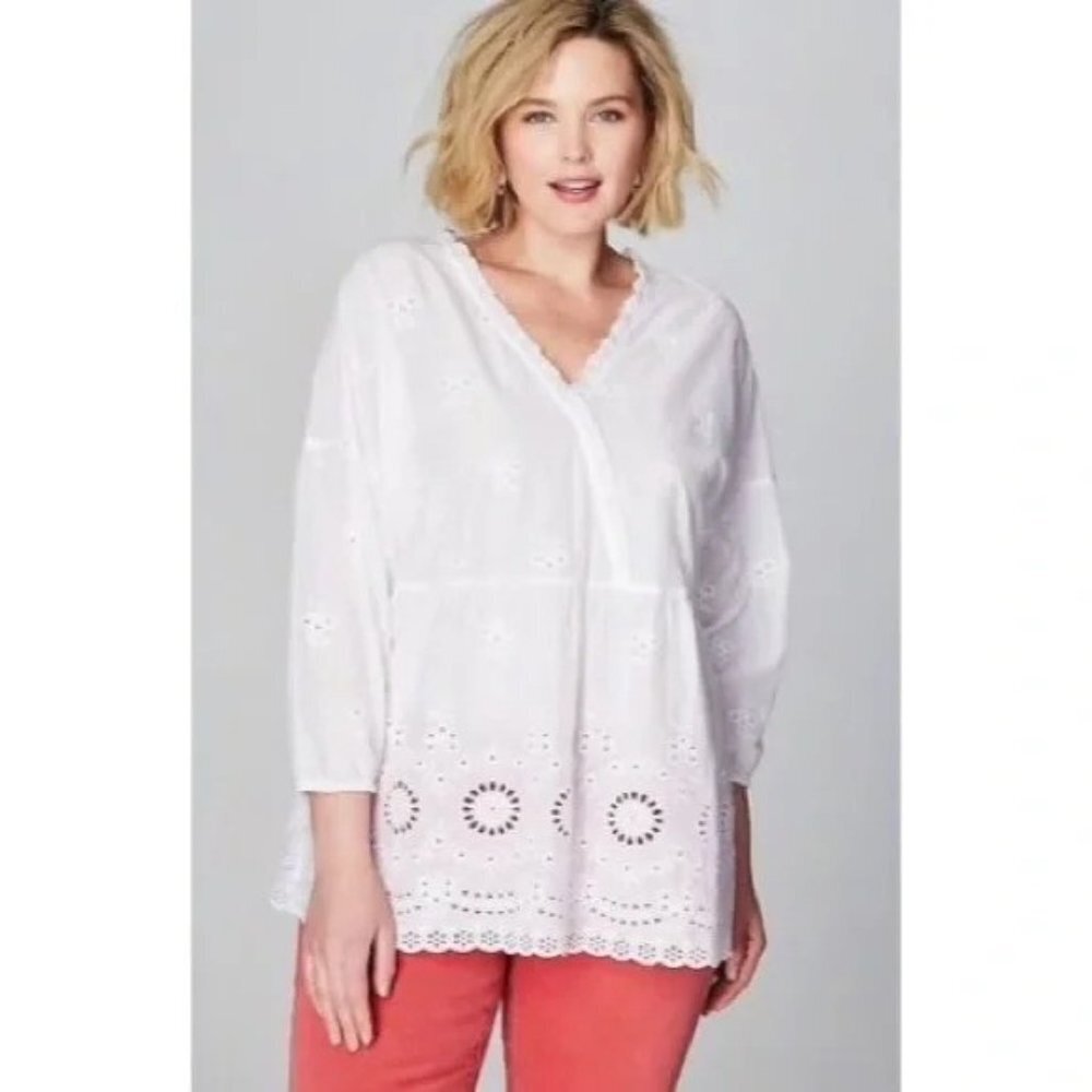 J. Jill Embroidered V-Neck White 100% cotton Eyelet Blouse P1816